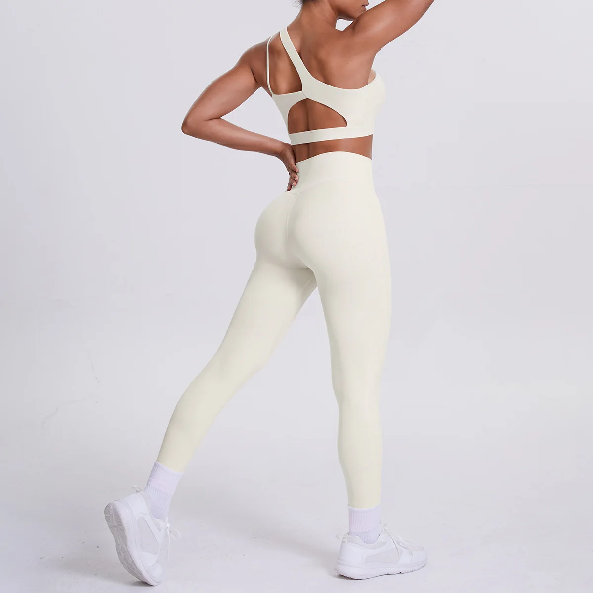 طقم يوجا مزدوج الجوانب بكتف واحد للنساء من النايلون المصقول، ملابس للتمرين في صالة الألعاب الرياضية واللياقة البدنية مكونة من قطعتين مع سراويل طويلة