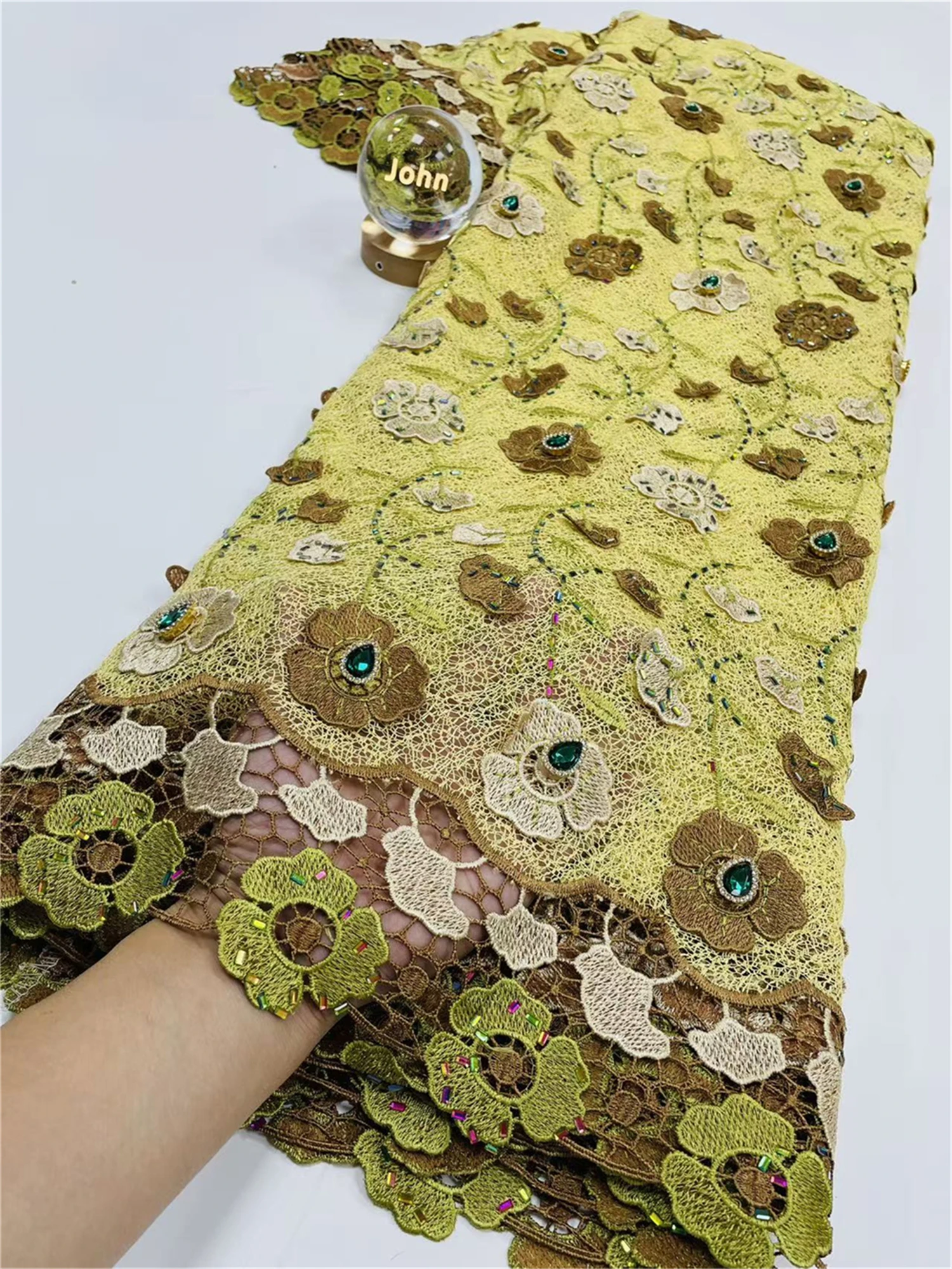 

3D African France Big Gem Stones Guipure Cord Lace Fabric 2025 Nigerian Water Soluble Lace Fabric High Quality Nigerian Material