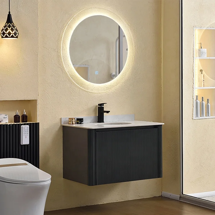 Modern Stone Basin Bathroom Vanity With LED Mirror Wall-Mounted Cabinet Set Eco-Friendly Durable Waterproof Includes Mirror