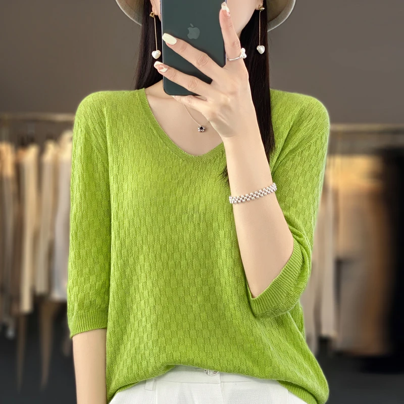 Spring and summer short sleeved women\'s cashmere sweater short sleeved pullover short sleeved T-shirt knitted sweater T-shirt