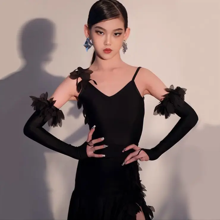 

Индивидуальный женский костюм для взрослых девочек, костюм для латинских танцев, черный струящийся, раскрывающий фигуру, профессиональное платье для соревнований, юбка