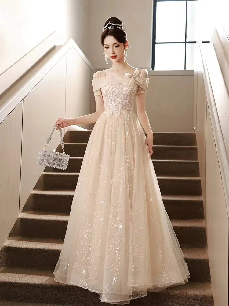 

Champagne color evening dress high-end niche French fairy temperament banquet wedding adult ceremony graduation princess dress