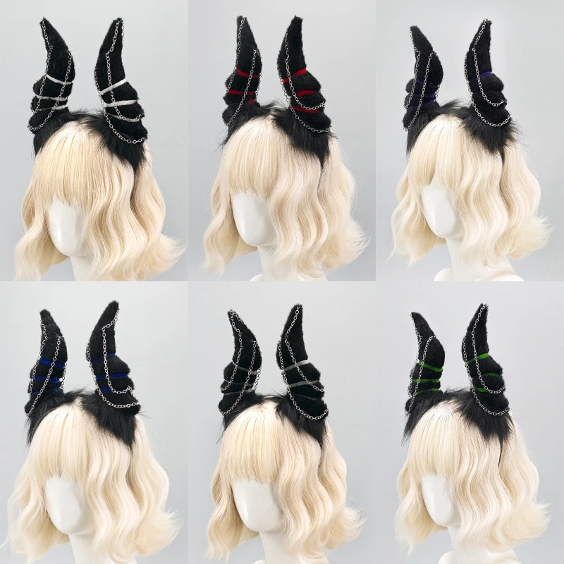 Gothic Dark Horns Headband with Wings Chains Hair Hoop Halloween Cosplay Hair Accessories Fantasy Costume Props Headpiece Anime