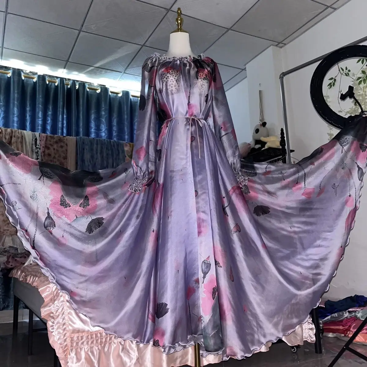 

Glossy Purple Women Satin Silk Loose Maxi Dress Long Sleeve Plus Size Sexy Sleeping Robe