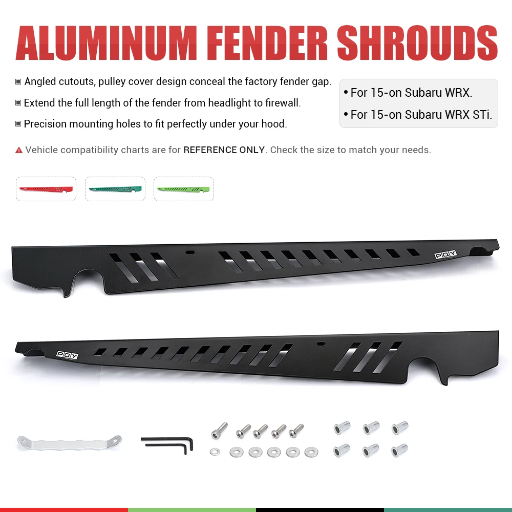 Fender Shrouds Kit Aluminum Black (Red/Green/Deep Green) Panel Plate Engine Bay w/ Hardware For 15-on Subaru WRX & STi LZ-CCR04