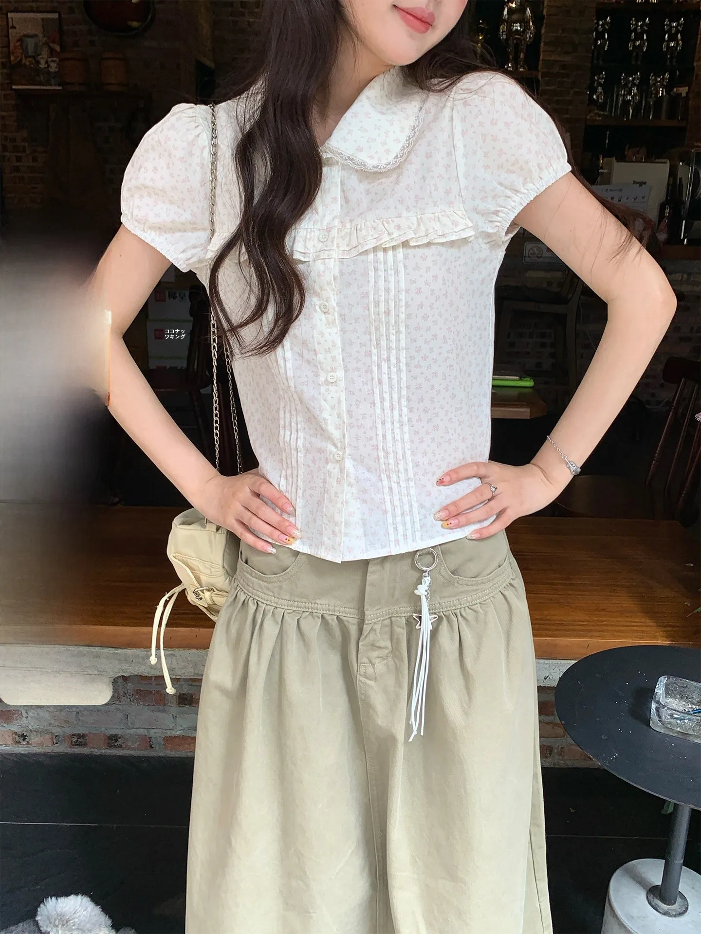 

Hollyii Korean Style Lace Trimmed Doll Collar Bubble Sleeve Short Sleeve Top Women's Spring New Fashion Breathable Comfortable