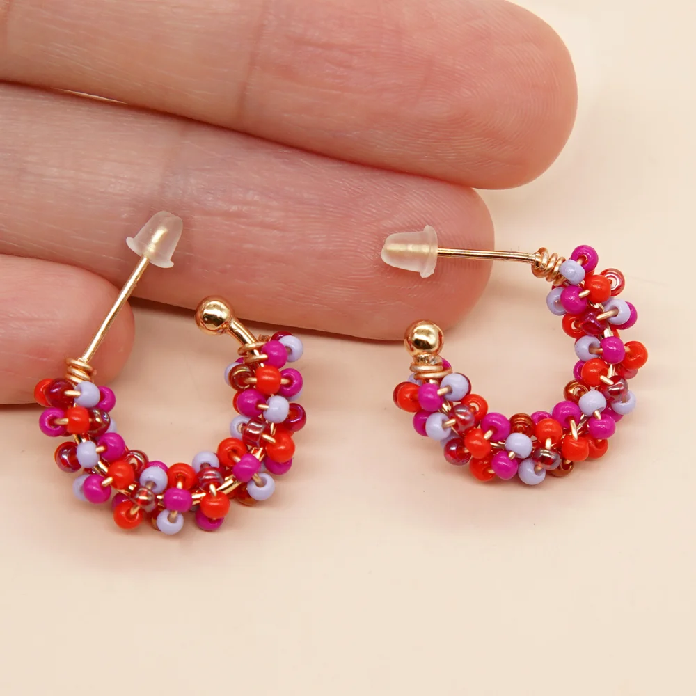 Hypoallergenic Gold Plated Stainless Steel Stud Earrings Gift for Women Teen Girl Summer Jewelry Flowers Beaded Hoop Earring