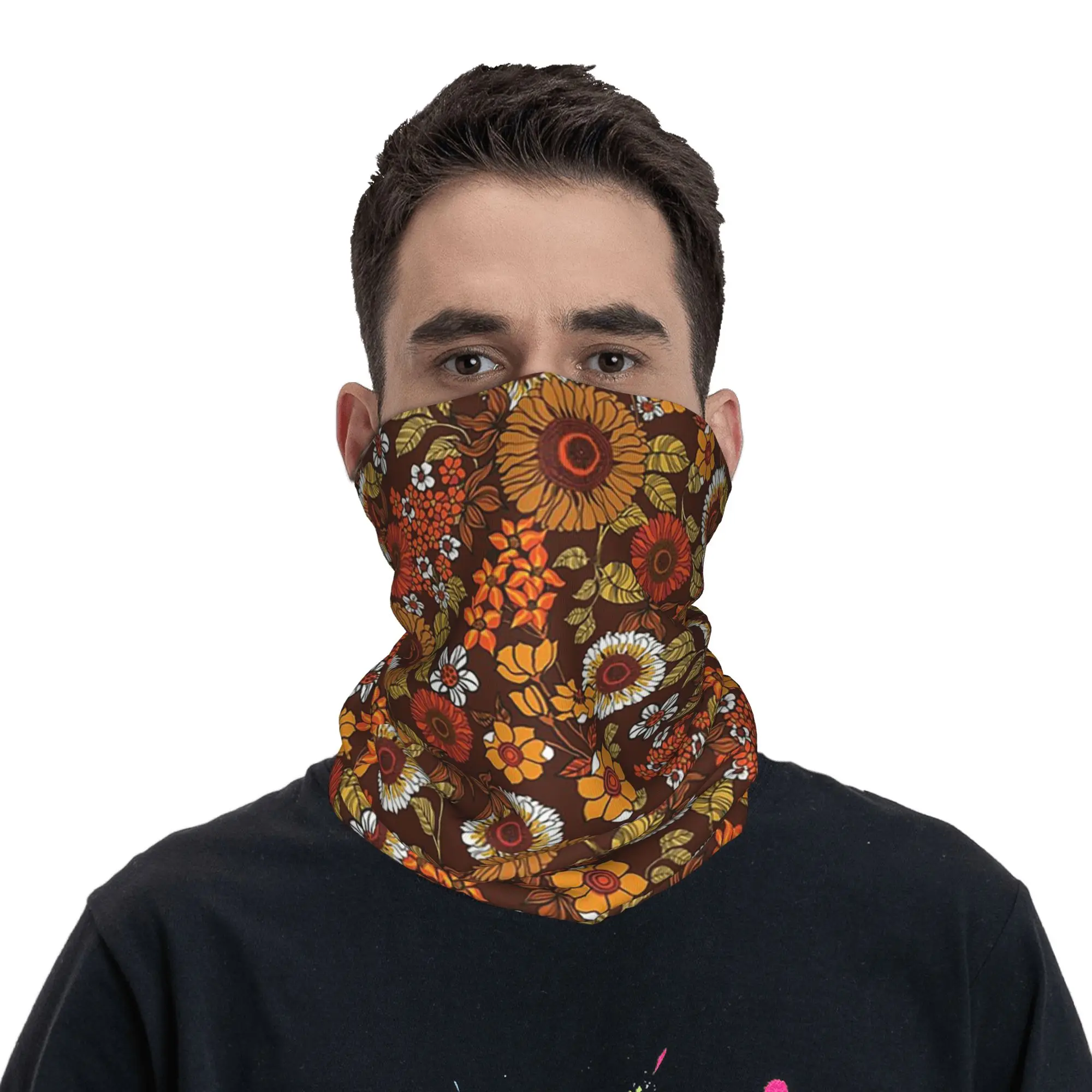 70s boho flowers orange browns hippie power Bandana Neck Cover Printed Wrap Mask Scarf Headwear Outdoor Sports Unisex All Season