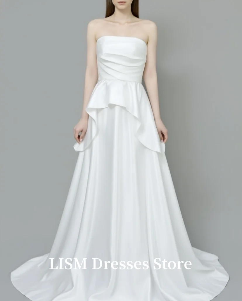 Suknie ślubne w stylu koreańskim, z odkrytymi ramionami, o kroju litery A, proste, z jedwabnej satyny, eleganckie, długie suknie ślubne, szyte na miarę, długie suknie ślubne.