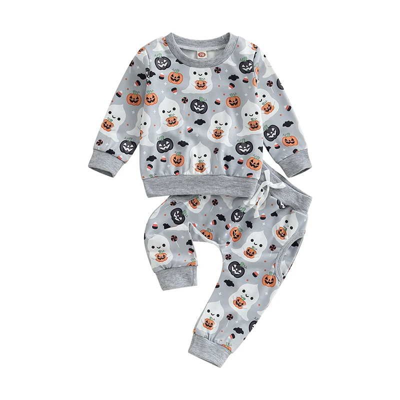 2023-06-11 Lioraitiin 0-3Years Toddler Baby Boy Girl Halloween Clothes Ghost Pumpkin Print Sweatshirt Tops Elastic Pants Set