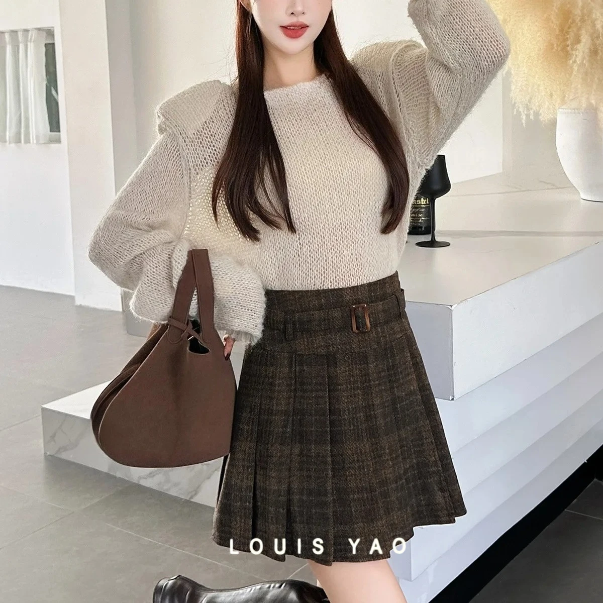 

LOUIS YAO New High Street Wool-Blend Women's Skirt 2025 Autumn Winter Playful Midi Skirt Grid High Waist A-line Half Skirts
