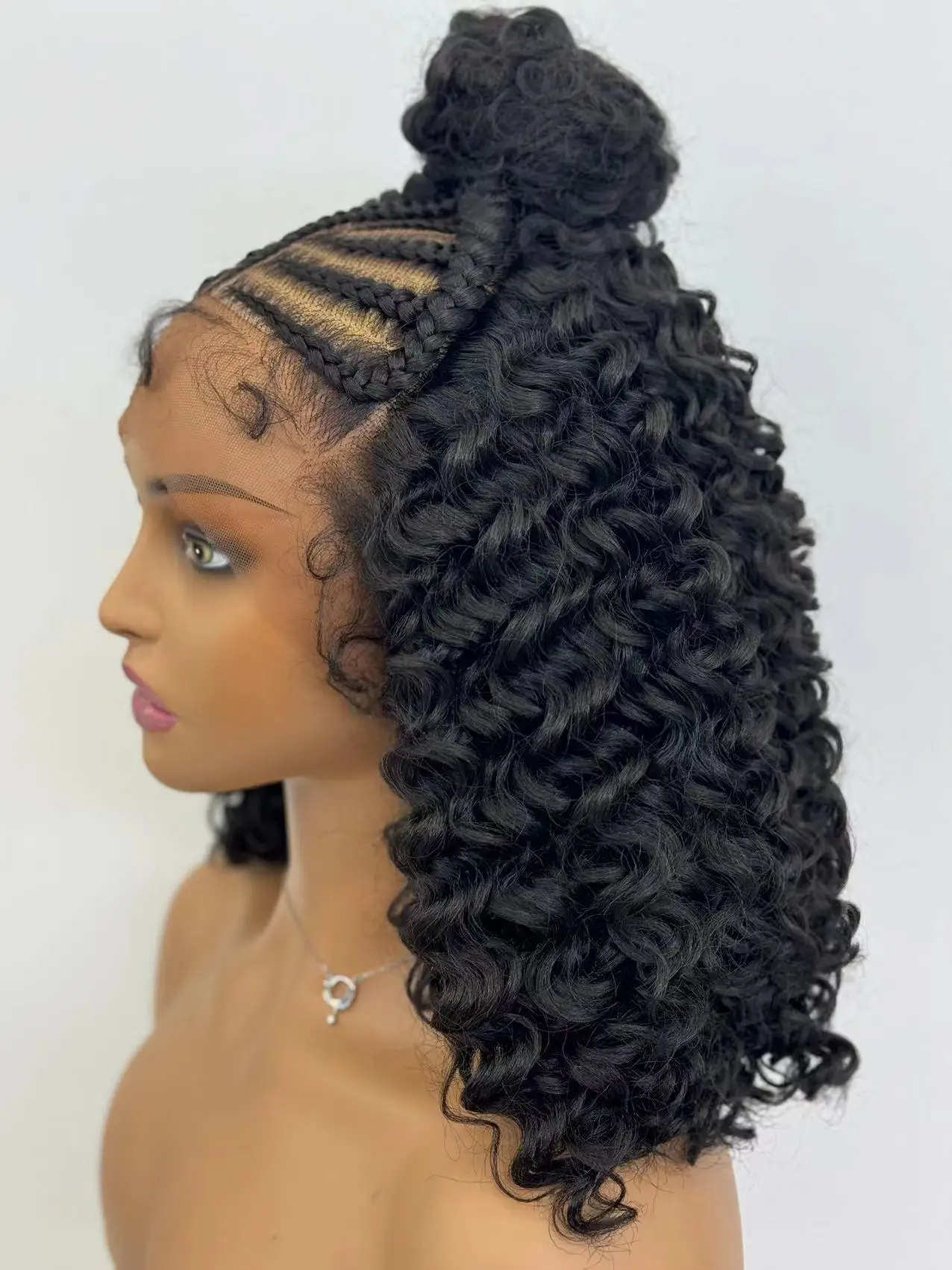 HZ Frontal Cornrow trenzado 16 pulgadas rizado Bob 13*4 peluca con malla Frontal sintética nudo superior cinta trenzada moño pelucas trenzadas