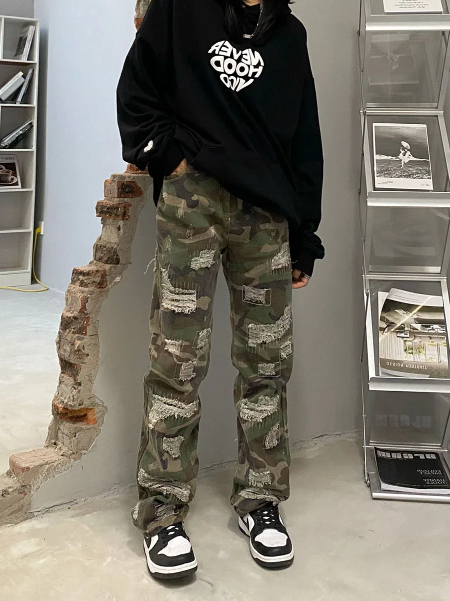 

Уличные джинсы-карго унисекс с камуфляжным принтом и эффектом потертости, свободные прямые брюки в винтажном стиле