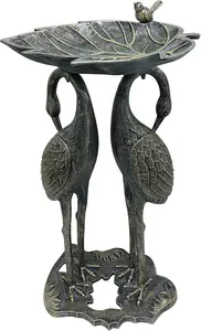 30-inch Cast Aluminum Twin Crane Bird Bath with Leaf Bowl in Silver or Gold