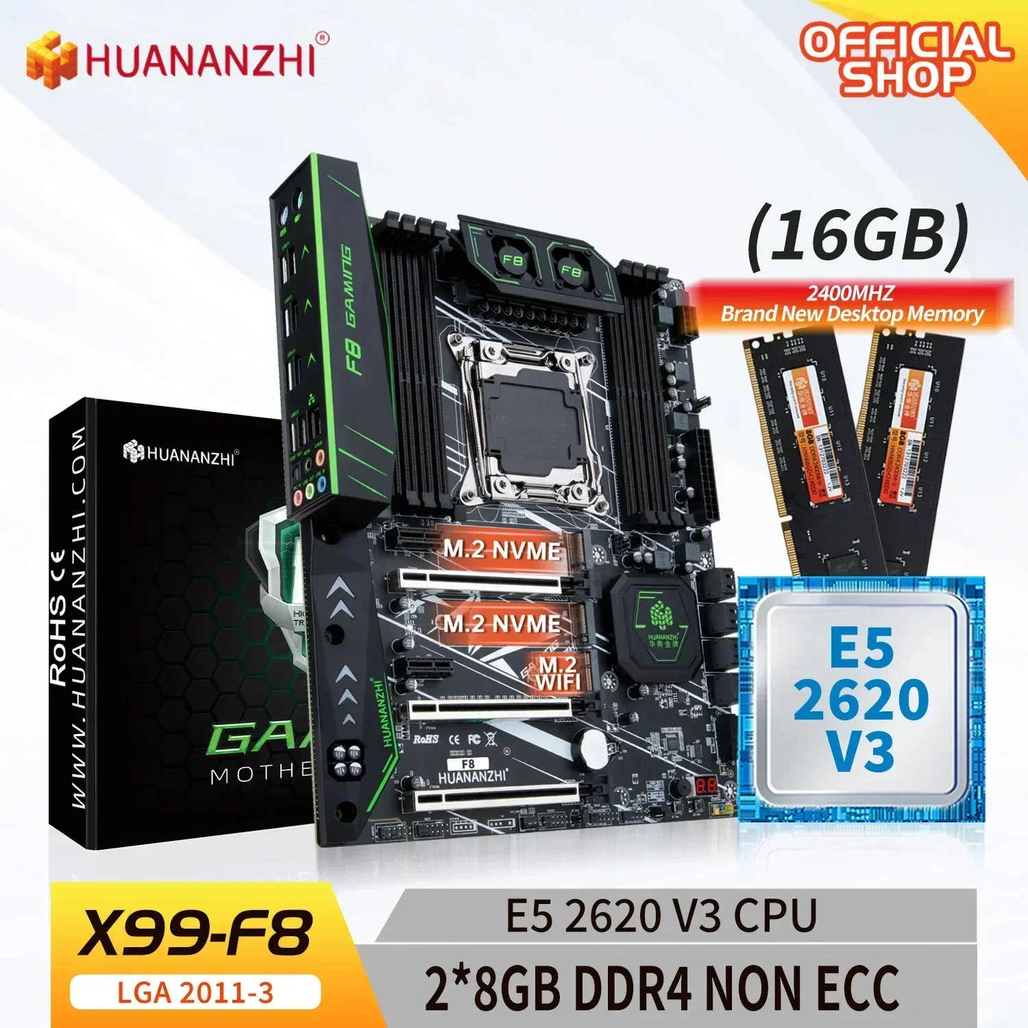 

HUANANZHI X99 F8 LGA 2011-3 XEON X99 Motherboard with Intel E5 2620 v3 with 2*8G DDR4 NON-ECC memory combo kit set NVME SATA