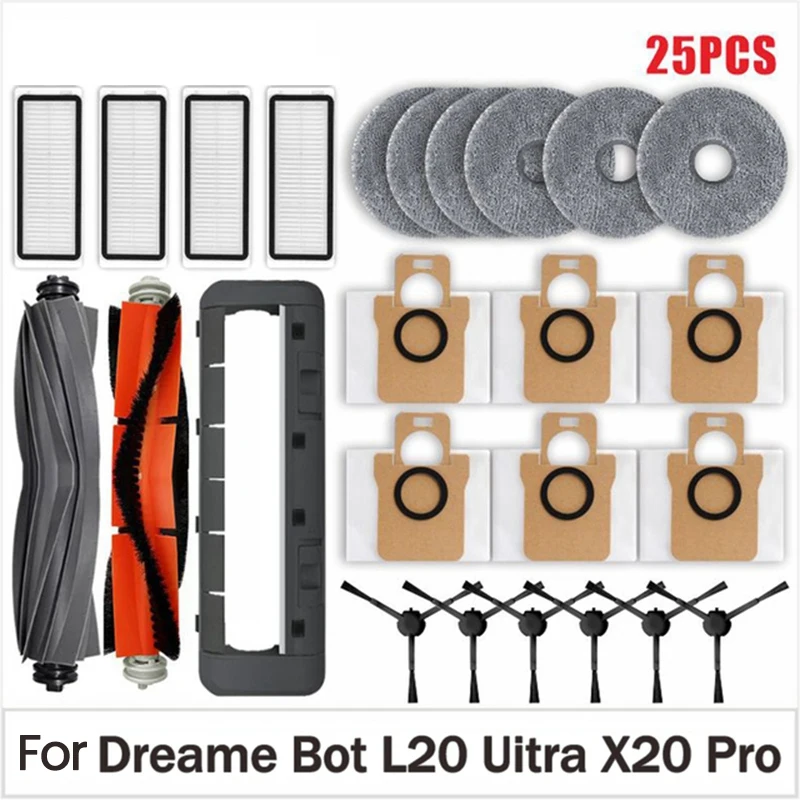 HOT！-25PCS For Dreame L20 Ultra X20 Pro Robot Vacuum Accessories Rubber Main Side Brushes Mop Cloths Filters Dust Bag Parts