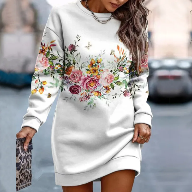 Women\'s O-neck Long Sleeve Casual Loose Mini Sweatshirts Dress 2023 Autumn Winter Fashion Floral Print Sweatshirt Dresses Femme