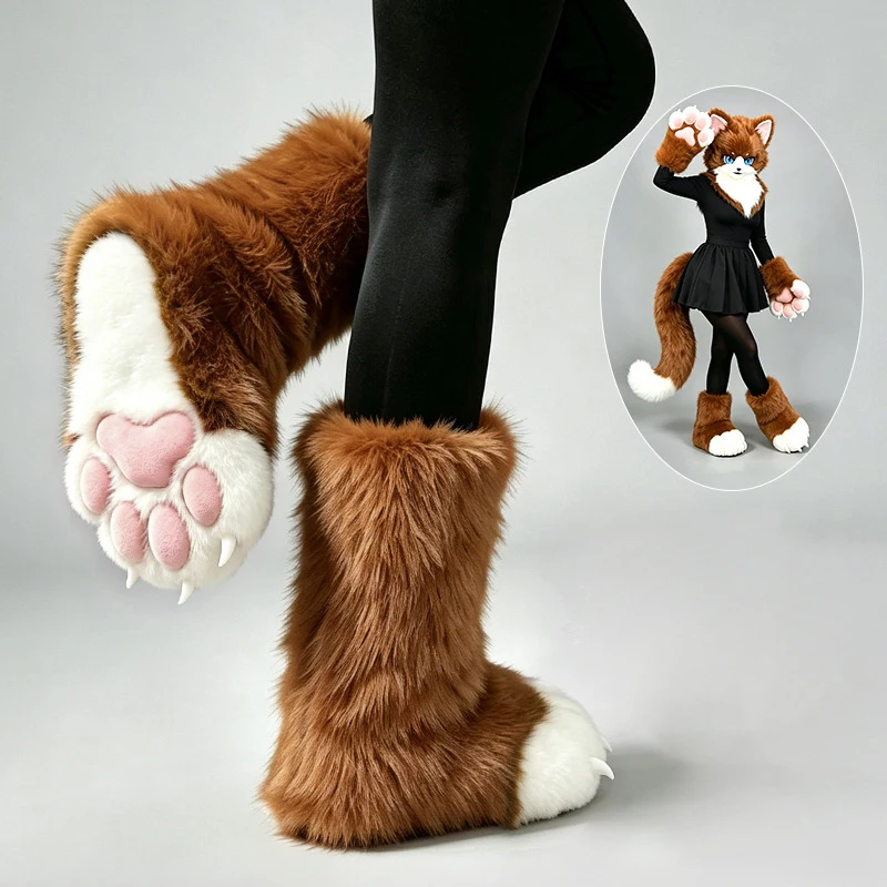 Cute Plush Furry Paw Boots Cat Paw Claw Footwear Soft Pad Socks Cosplay Party Indoor Fursuit Wear Costume Accessories for Adult