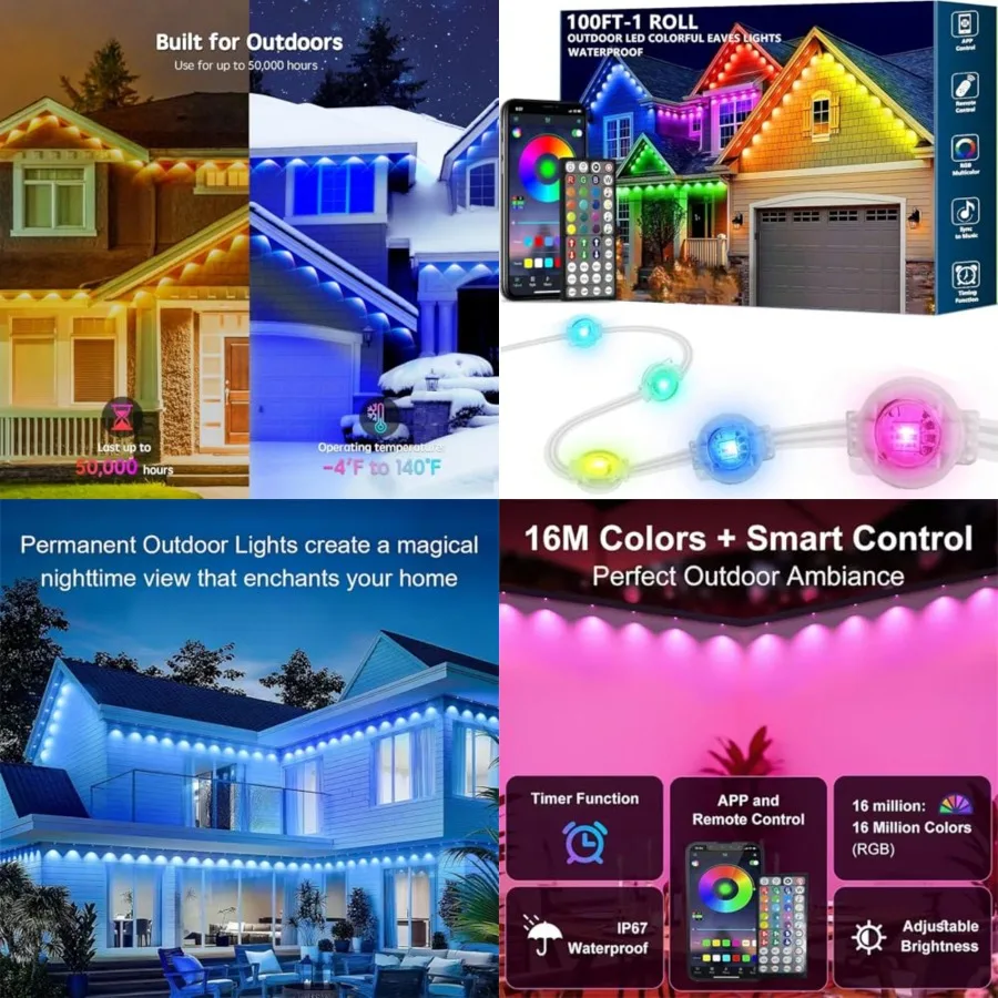 

100Feet Permanent Outdoor RGB Lights, IP67 Waterproof Smart LED Eaves Lights with App/Remote Control, for Christmas and All Hol