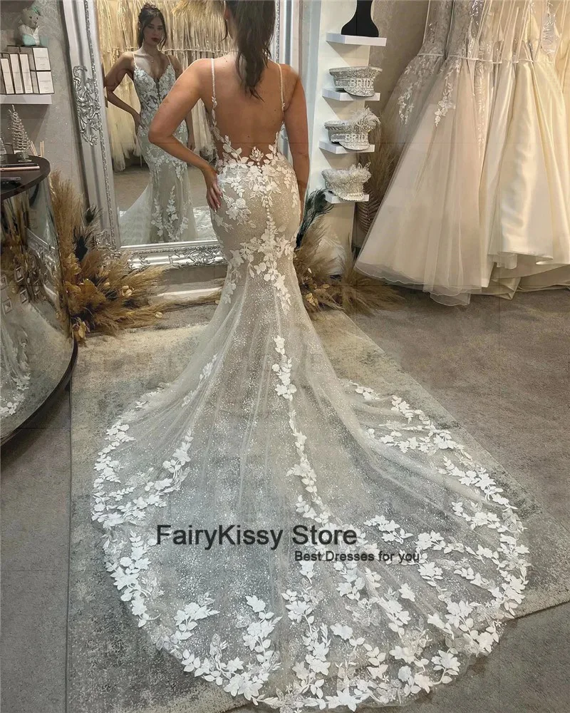 FairyKissy-Vestido de Novia de sirena con cuello redondo, traje elegante con espalda descubierta, personalizado con cuentas