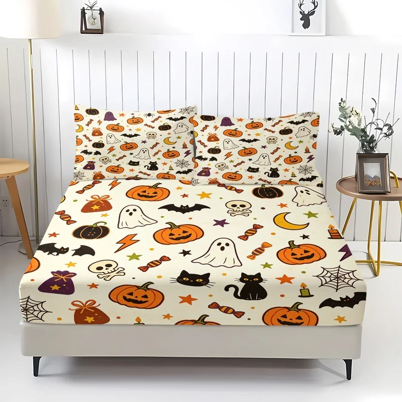 3Pcs Bed Sheet Set, Polyester, Optional Sizes, Fade‑Resistant, Cartoon Halloween Pumpkin Candy Spider Print (No Pillow Inserts)