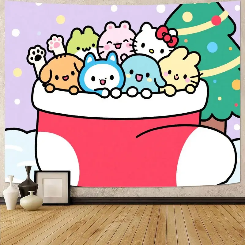1PC 헬로 키티 & 친구 Kawaii 크리스마스 스타킹 태피스트리 휴일 벽 예술 귀여운 만화 폴리 에스터 홈 장식 거실 침실