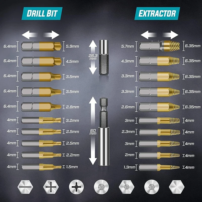 22Pcs Titanium Damaged Screw Extractor Set - Stocking Stuffers For Men Adults,Remover For Stripped Screws Nuts Easy Install