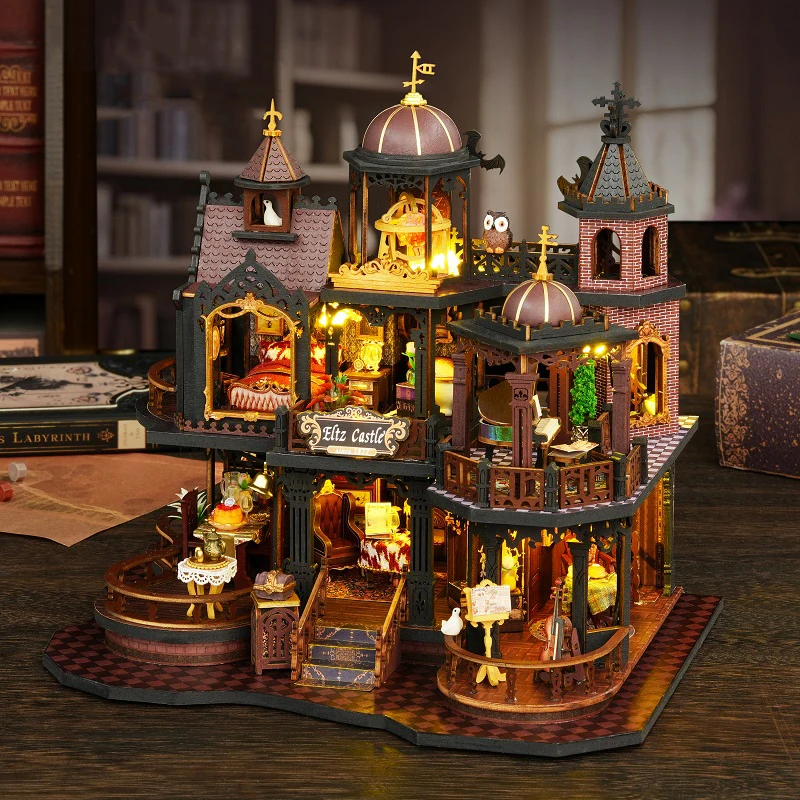 Kit di costruzione in miniatura in legno fai-da-te Castello di Edimburgo Casa Case delle bambole con luci per mobili Case delle bambole per amici Regali di compleanno