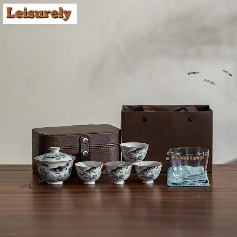 HOYIHM Ancient Blue Mandarin Fish Travel Tea Set Kit Ancient 1 Pot 4 Cups Tea Making Organizer Portable Camping Stock Bags Gifts