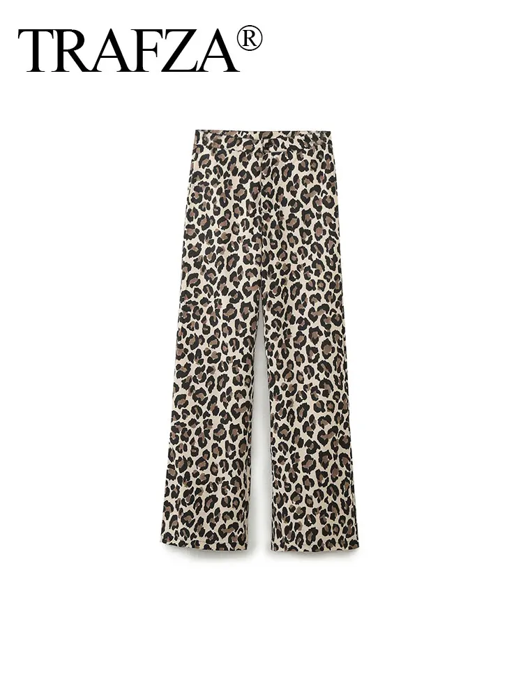 TRAFZA Leopard Print Wide Leg Pants For Women 2024 Summer High Waist Slim Straight Long Trousers Streetwear Fashion Bottoms