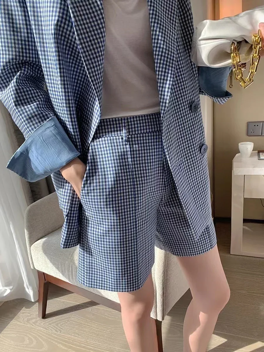 Korean Fashion Two Pieces Blazer and Shorts Set for Women Long Sleeve Blue Plaid Jacket Office Lady Casual 2 Pieces Spring