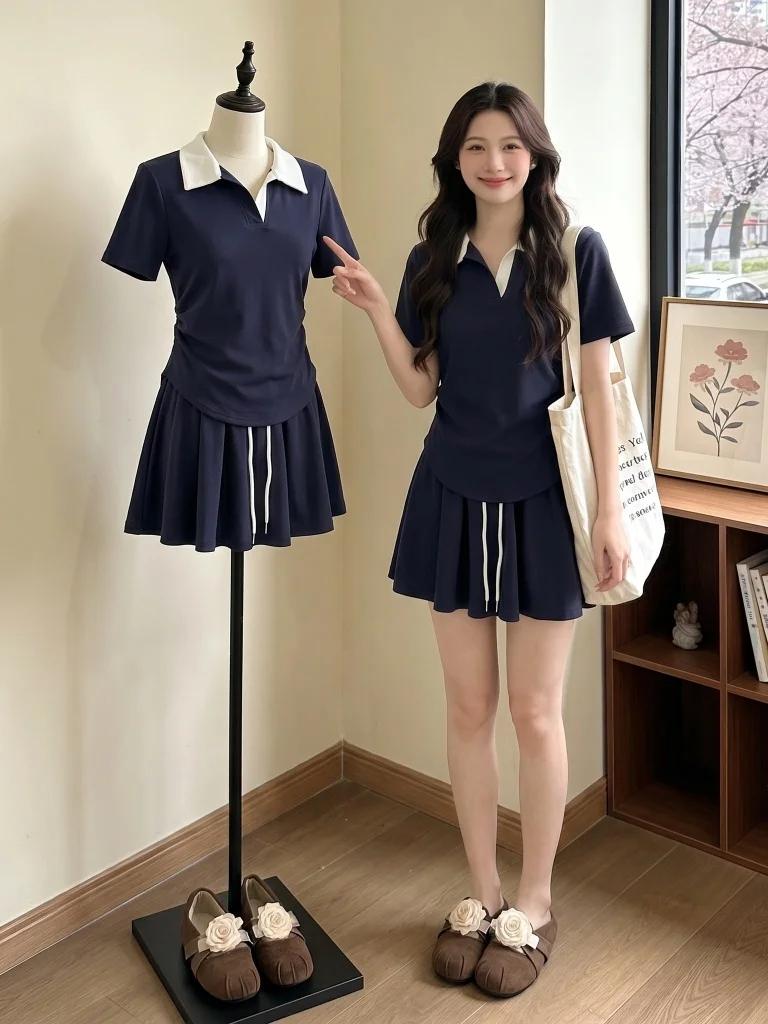 

plus Size Women's Summer Casual Sport Style Shirt Short Sleeve Skirt Two Piece Set Royal Blue Color Commute Fashion