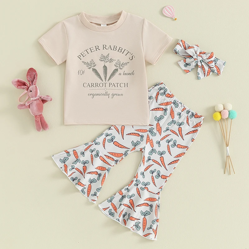 

Children s Easter Clothing Set with Short Sleeve T-Shirts Carrot Print Pants and Matching Headband for Spring Celebrations