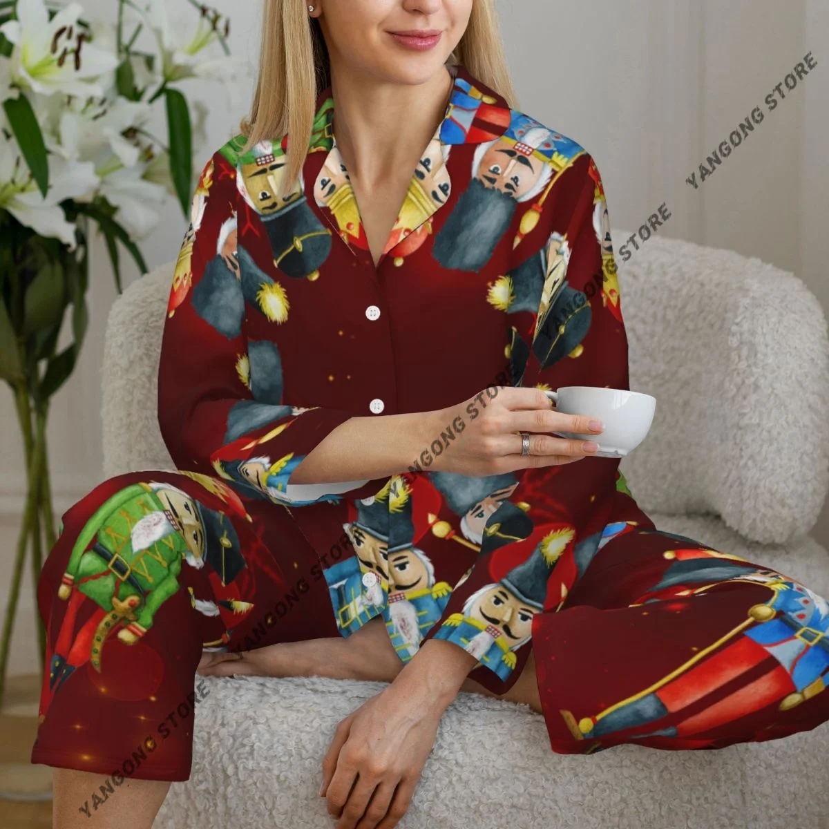 

Весенне-осенние брюки с длинными рукавами, пижамный комплект одежды для дома, Щелкунчик, круг, рождественский принт, женский спальный костюм с выдвижными краями