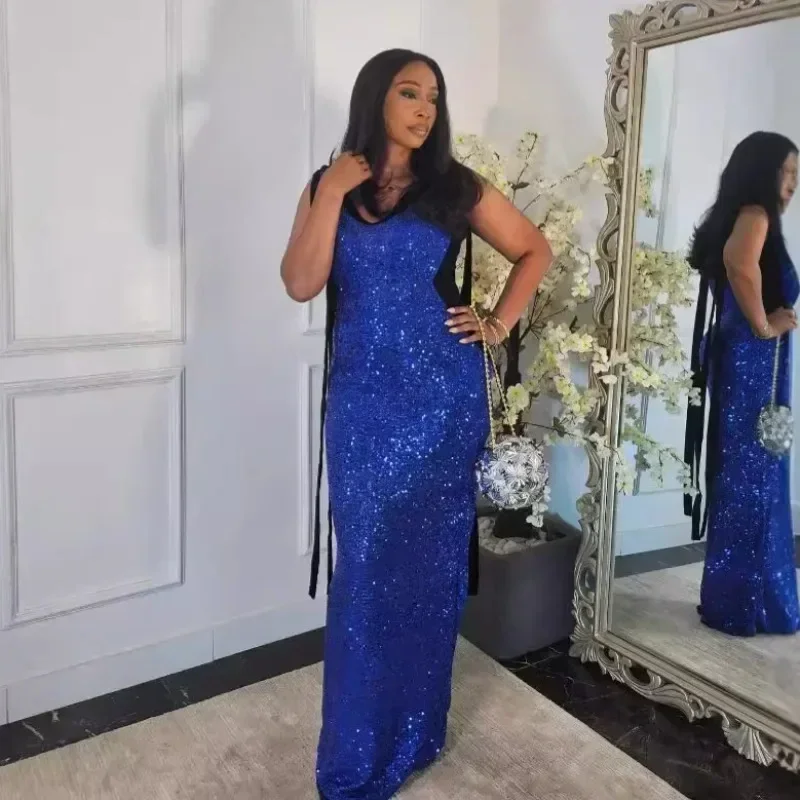 

GUWU Women Sequined Deep V Neck Sleeveless Club Maxi Long Dress Evening Sexy Evening Prom Skinny Party Long Dresses