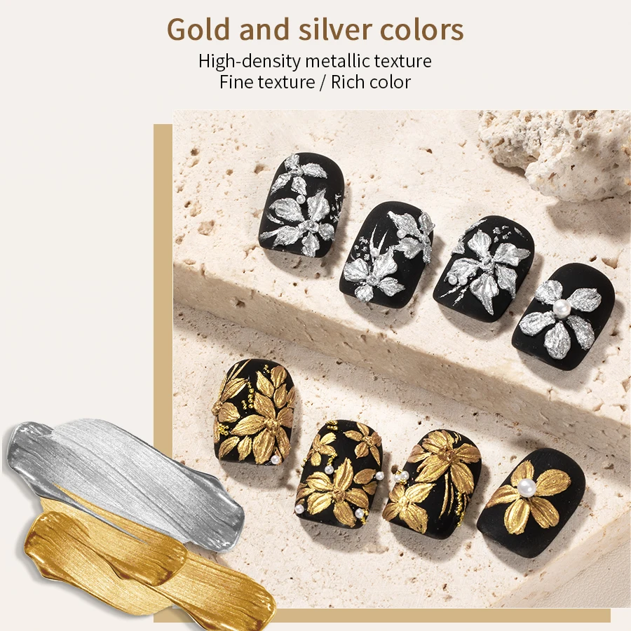 RSNAIL 3D Metal Embossed Gel No Wipe Sculpting Painting Gel No Need Top Coat Gold Silver Texture Gel for Nail Art Decoration 5g