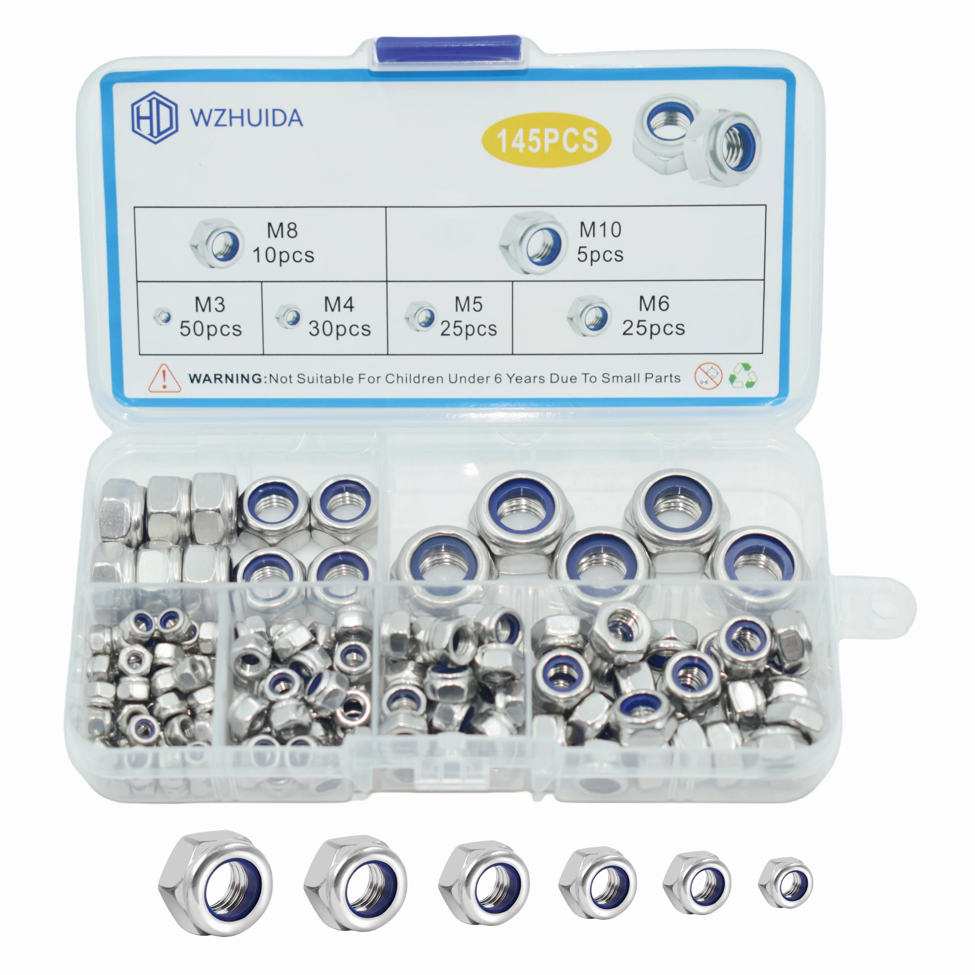 WZHUIDA 145 Pcs Metric Locknuts Assortment Kit, M3 M4 M5 M6 M8 M10 304 Stainless Steel Assorted Locknuts Sets