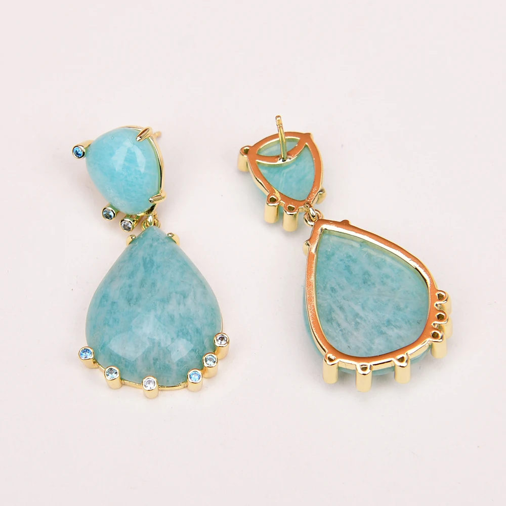 Imagem -05 - G-g-natural Verde Amazonite Forma Teardrop cz Pave Banhado a Ouro Brincos Dangle Partido Elegante Jóias Drop Shipping