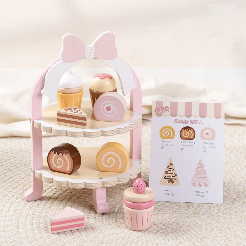 Kinderen Fantasiespel Houten Roze Dessert Taartrek Set Keuken Voedsel Spel Leren Educatief Montessori Speelgoed voor Kinderen Cadeau