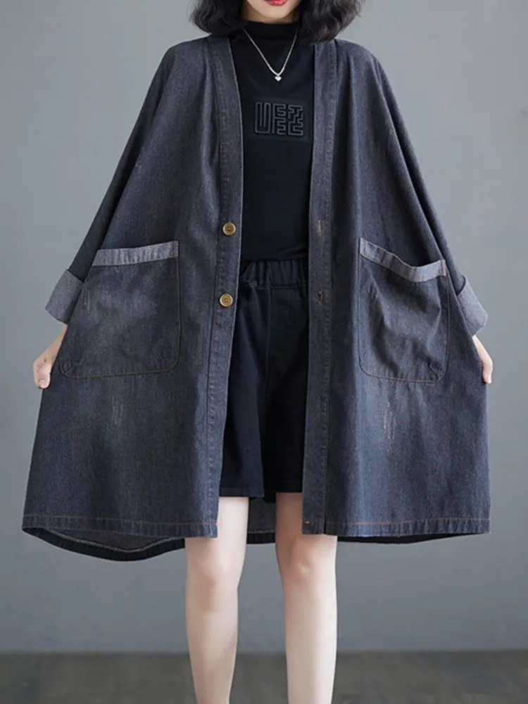 Denim Oversized Autumn Trench Coat Women Loose Ruffle Pleated Fashion Retro Ladies Jackets Long Sleeve Woman V-Neck Coats