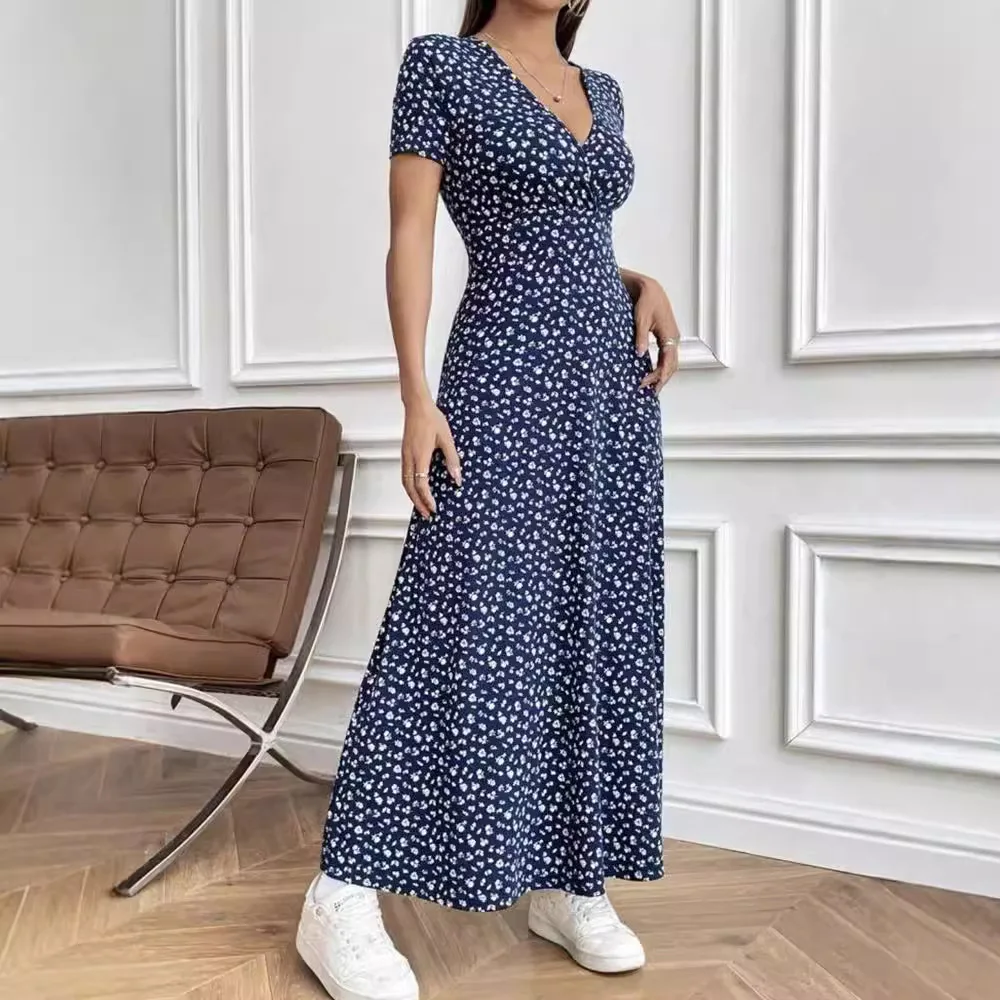 Independent Autumn Short-sleeved Small Floral V Medium and Long Dress Women