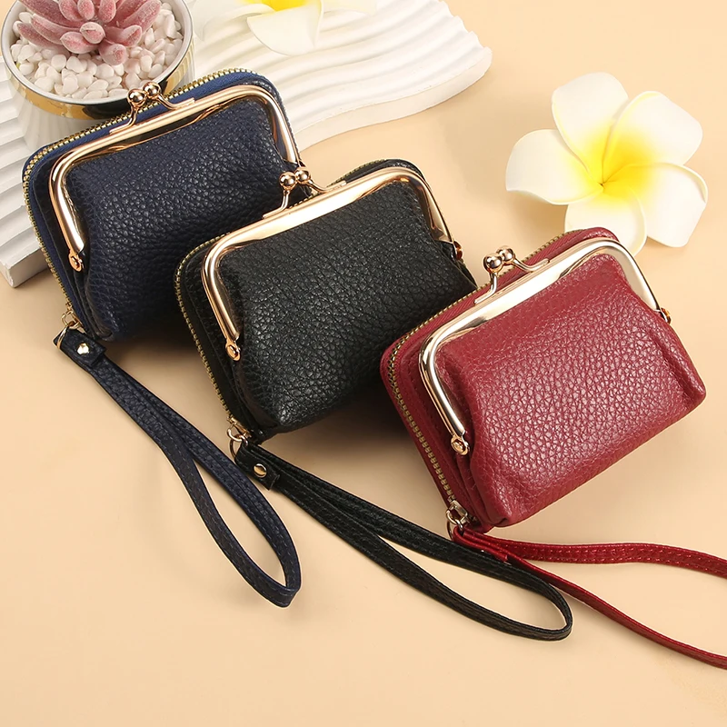 Simple and stylish short card bag Soft lychee print ladies cross-border zipper bag multi-slot wrist strap card bag