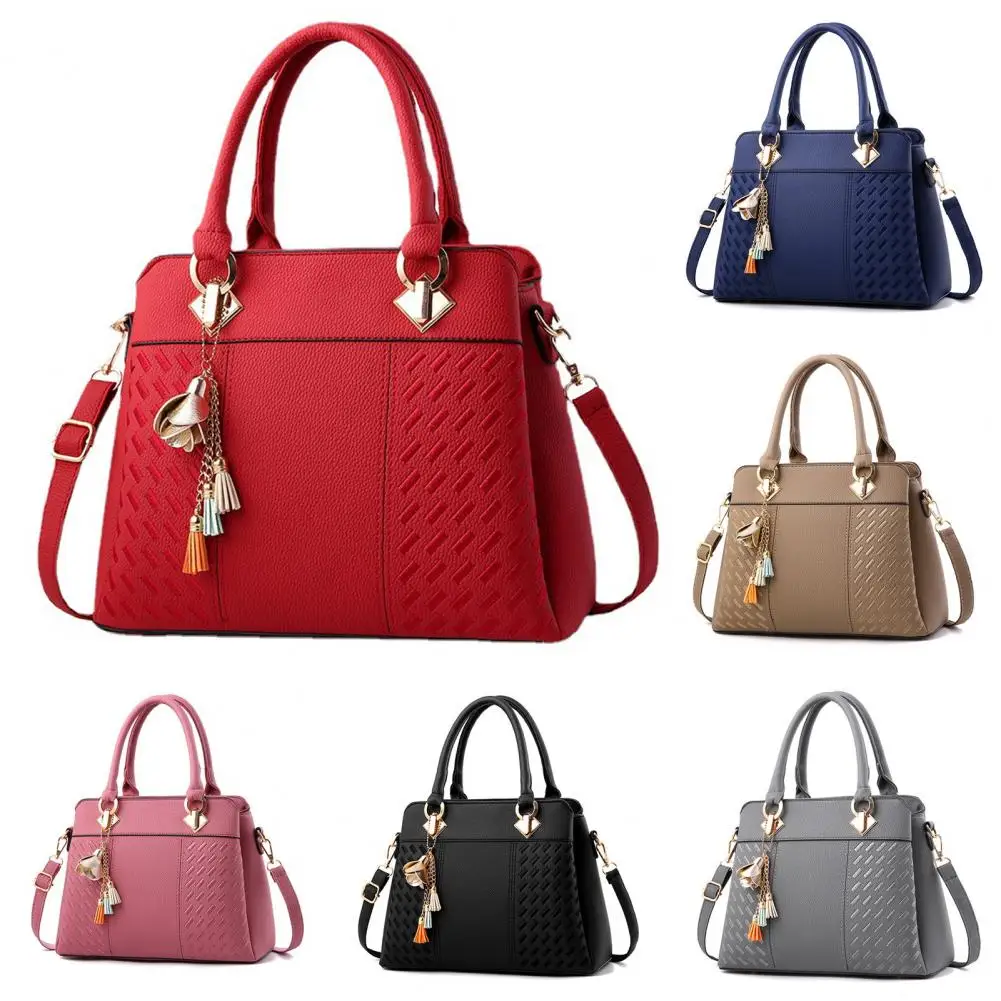 Women Handbag Faux Leather Embroidery Tassel Pendant Decor Clutch Alloy Buckle Women Bag Lady Commute Shoulder Bag