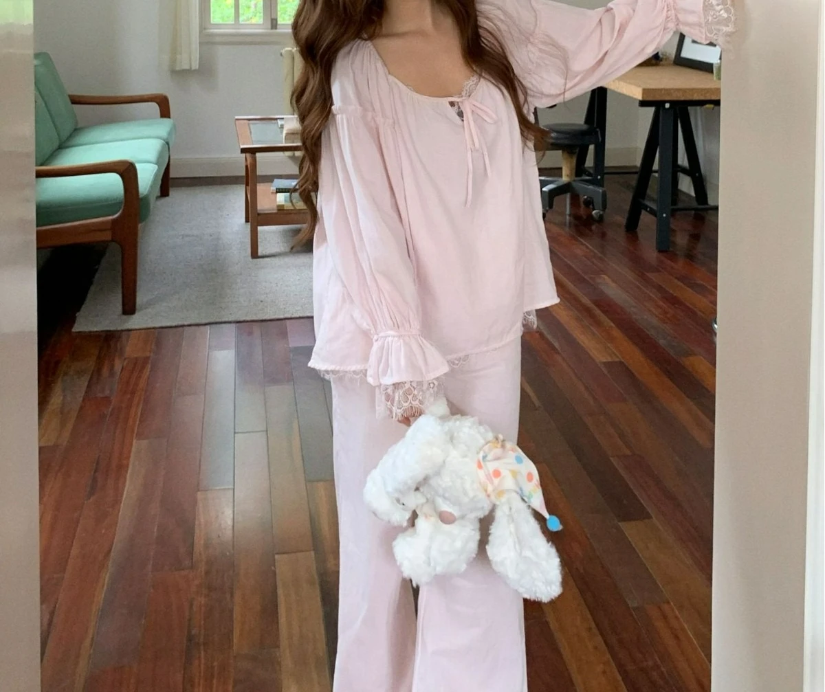 New Pure Cotton Pajamas Women's Spring Loose and White Simple Long-sleeved Trousers Loungewear Suit Can Be Worn Outside