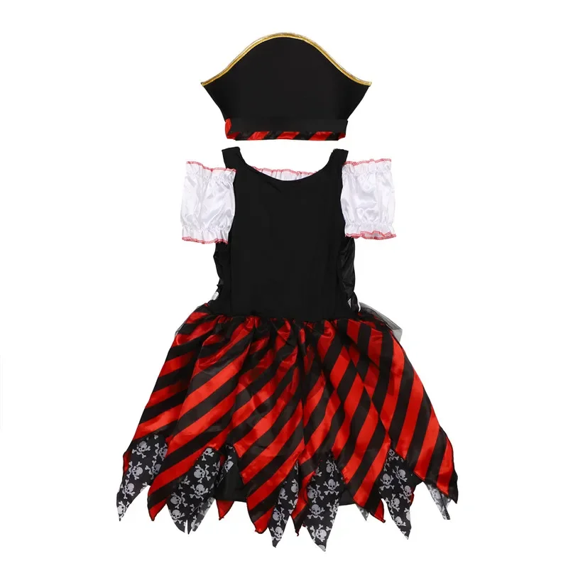 Mädchen-Cosplay-Kostüm Kleid Kinder Piraten-Themen-Rollenspiel-Outfit Gestreifter Rock mit Hut und Augenklappe für Halloween-Bühnenauftritte – Detail 4