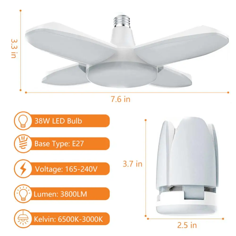 E27 Bulb LED Garage Light Bulb Foldable Fan Blade 38W 52LED White Light Energy Saving Ceiling Lamp Industrial Lighting Lampada