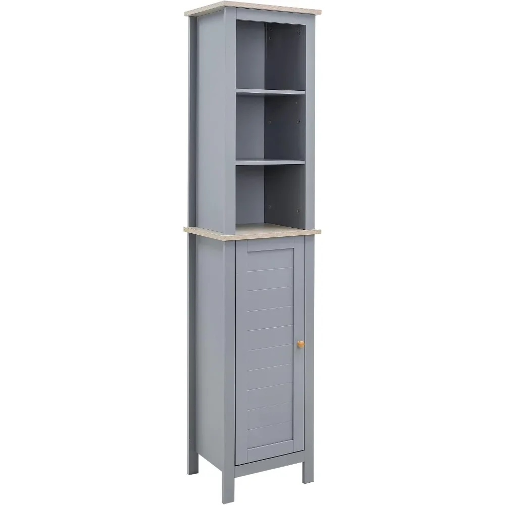 Bathroom Floor Storage Cabinet with 3 Tier Shelf and Cupboard with Door, Free Standing Linen Tower, Tall Slim Side Organizer