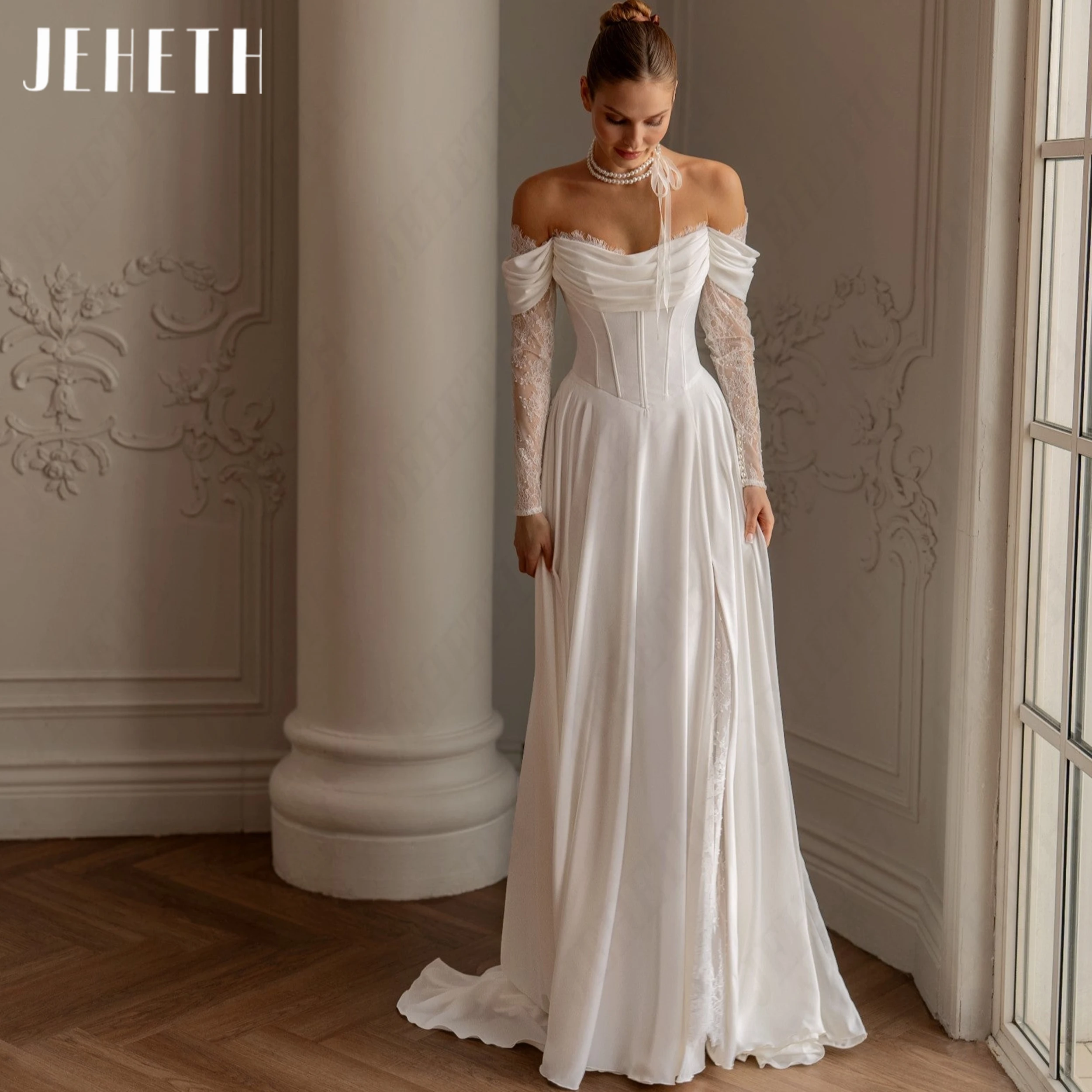 JEHETH maßgeschneiderte Illusion Spitze Schlitz Brautkleider von der Schulter Langärmeliges Brautkleid Plissierte Brautkleid Robe mariée zivile Bodenlänge Spitze Schlitz Brautkleid Chiffon Brautkleid