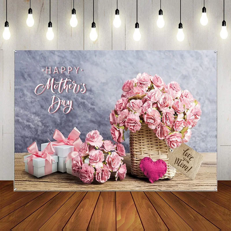 Happy Mother's Day Backdrop Pink Purple Floral Party Decorations Pink Petals Gold Love Hearts Photography Background Banner