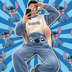 Disney Stitch Cute Winter Thicken Pajamas Sets Men Male Pyjamas Cartoon Flannel Loung Sleepwear Couple Pijama Mujer Homewear